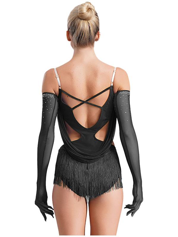 Women V Neck Ruched Mesh Drapes Tassel Latin Dance Leotard with Gloves thumb