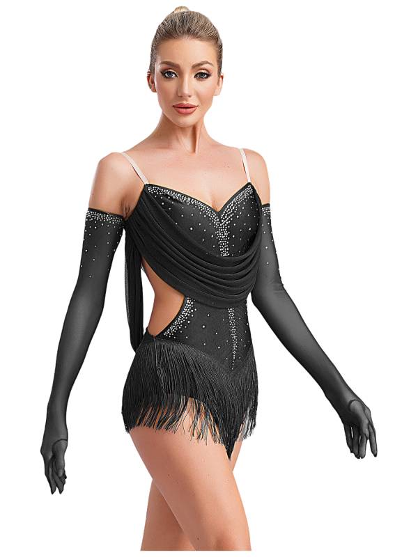 Women V Neck Ruched Mesh Drapes Tassel Latin Dance Leotard with Gloves thumb