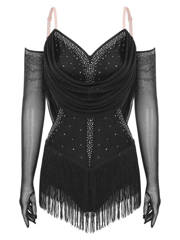 Women V Neck Ruched Mesh Drapes Tassel Latin Dance Leotard with Gloves thumb