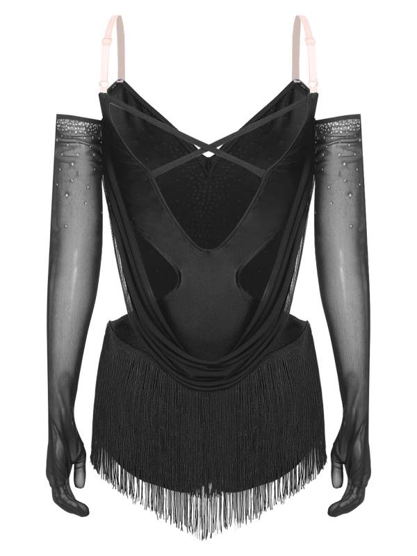 Women V Neck Ruched Mesh Drapes Tassel Latin Dance Leotard with Gloves thumb
