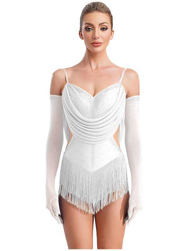 Women V Neck Ruched Mesh Drapes Tassel Latin Dance Leotard with Gloves thumb