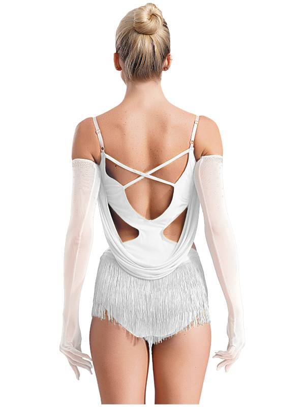 Women V Neck Ruched Mesh Drapes Tassel Latin Dance Leotard with Gloves thumb