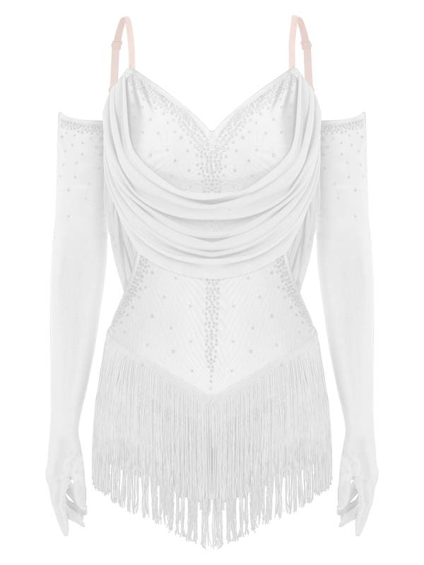 Women V Neck Ruched Mesh Drapes Tassel Latin Dance Leotard with Gloves thumb