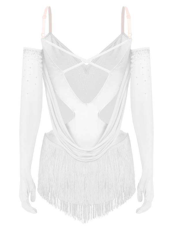 Women V Neck Ruched Mesh Drapes Tassel Latin Dance Leotard with Gloves thumb