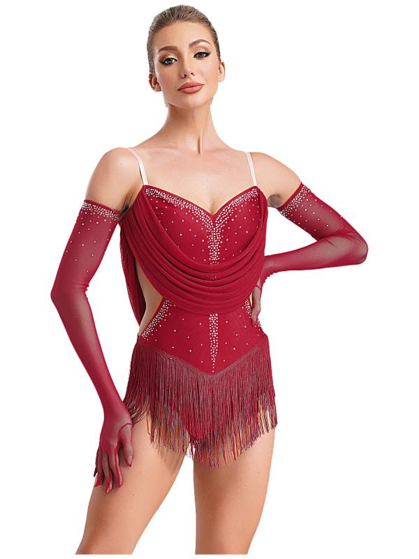 Women V Neck Ruched Mesh Drapes Tassel Latin Dance Leotard with Gloves thumb