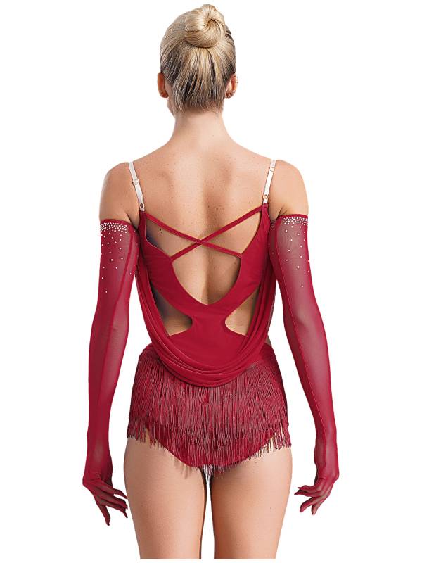 Women V Neck Ruched Mesh Drapes Tassel Latin Dance Leotard with Gloves thumb