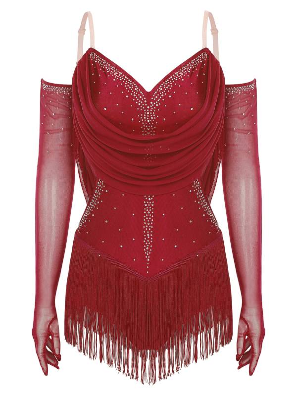 Women V Neck Ruched Mesh Drapes Tassel Latin Dance Leotard with Gloves thumb