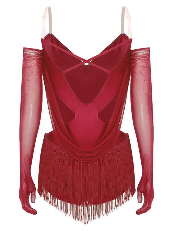 Women V Neck Ruched Mesh Drapes Tassel Latin Dance Leotard with Gloves thumb