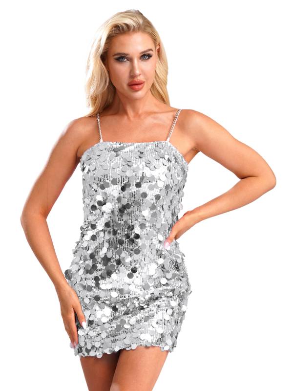 Women Sleeveless Sequins Metal Chain Straps Bodycon Mini Dress for Party thumb