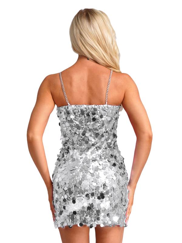 Women Sleeveless Sequins Metal Chain Straps Bodycon Mini Dress for Party thumb