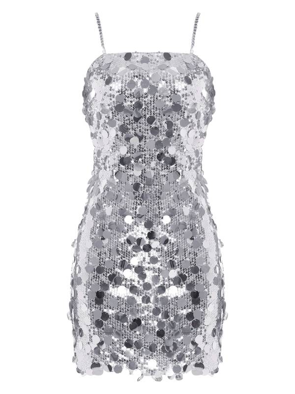 Women Sleeveless Sequins Metal Chain Straps Bodycon Mini Dress for Party thumb