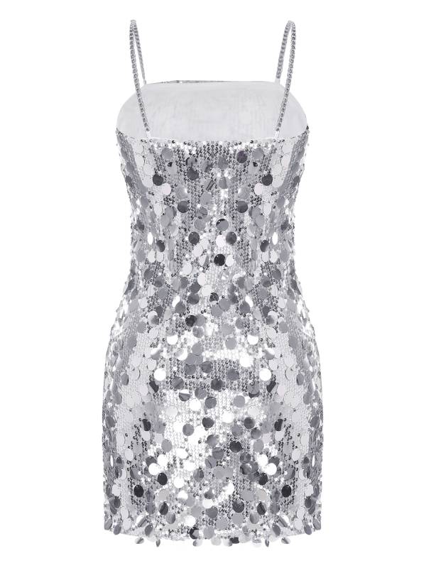 Women Sleeveless Sequins Metal Chain Straps Bodycon Mini Dress for Party thumb