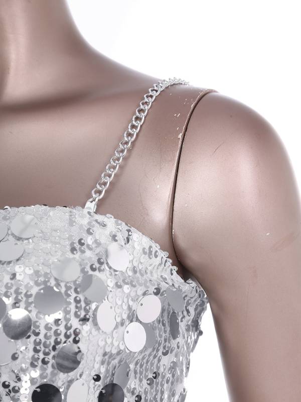 Women Sleeveless Sequins Metal Chain Straps Bodycon Mini Dress for Party thumb
