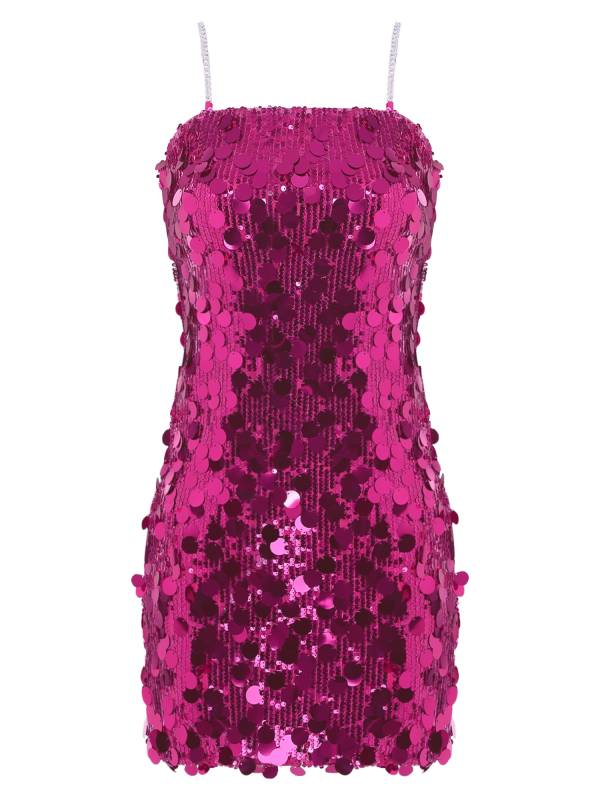 Women Sleeveless Sequins Metal Chain Straps Bodycon Mini Dress for Party thumb