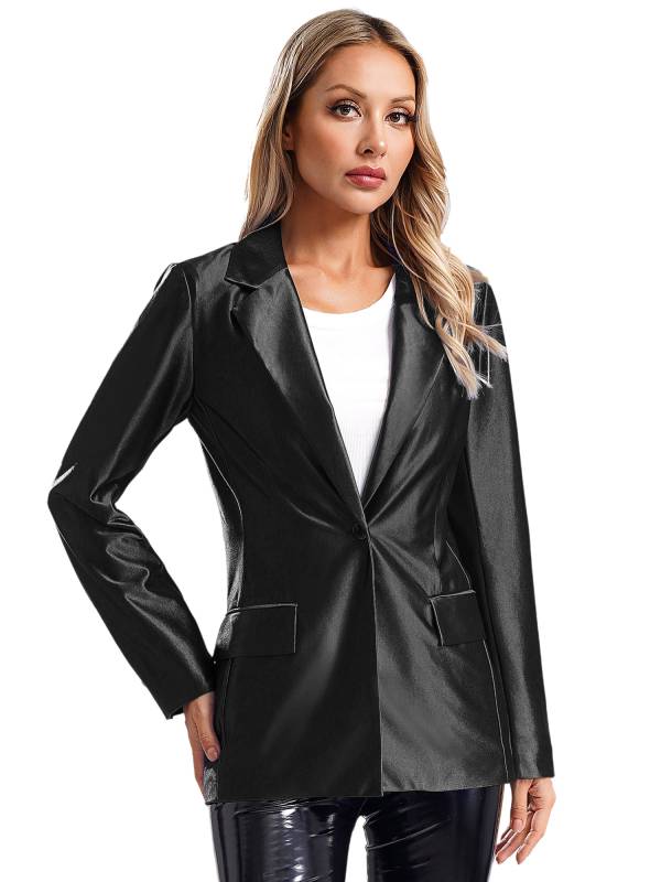 Women Glossy Long Sleeve Lapel Blazer for Formal Occasions thumb