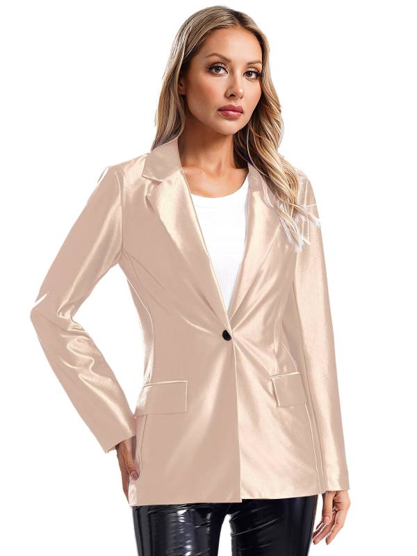 Women Glossy Long Sleeve Lapel Blazer for Formal Occasions thumb