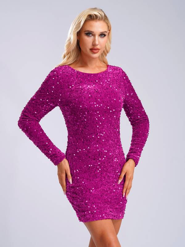 Women Long Sleeve Backless Sequin Bodycon Dress for Cocktail thumb