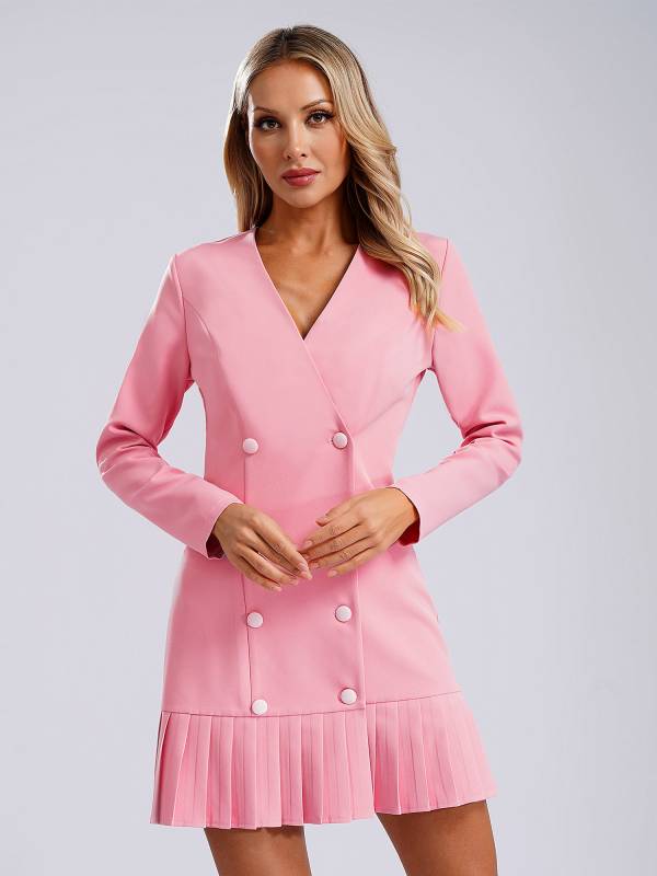 Women Long Sleeve V-neck Blazer Pleated Dress for Evening Wedding thumb