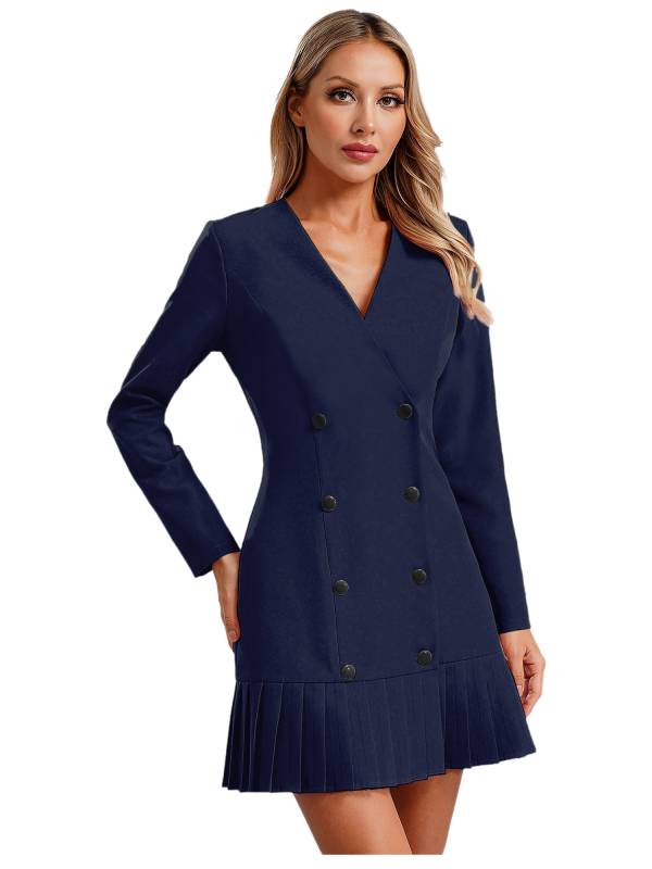 Women Long Sleeve V-neck Blazer Pleated Dress for Evening Wedding thumb