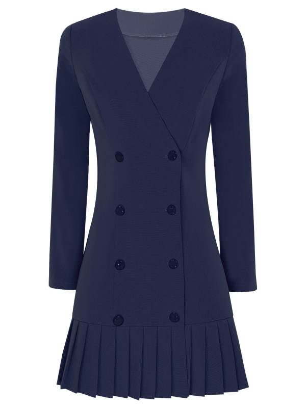Women Long Sleeve V-neck Blazer Pleated Dress for Evening Wedding thumb