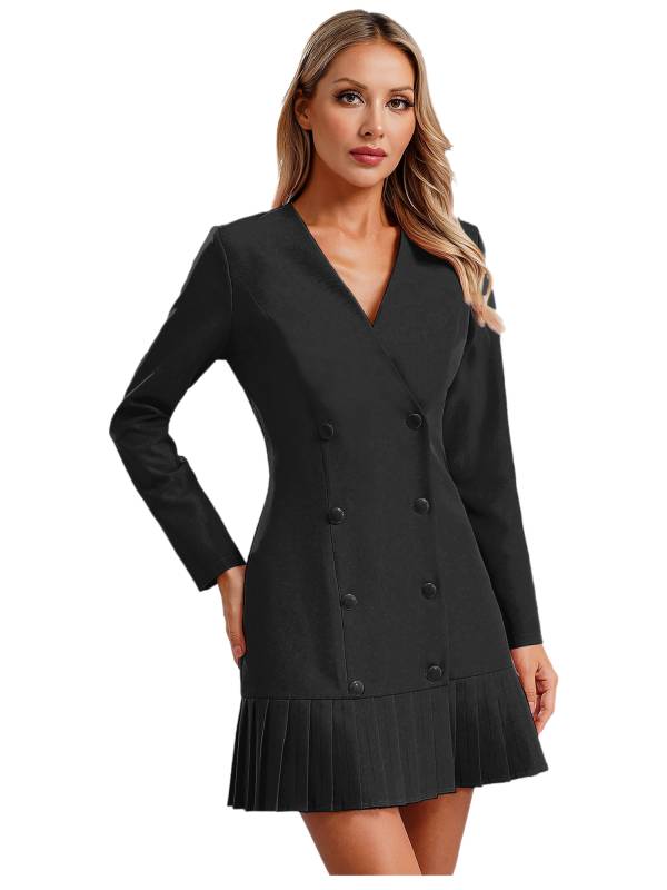 Women Long Sleeve V-neck Blazer Pleated Dress for Evening Wedding thumb
