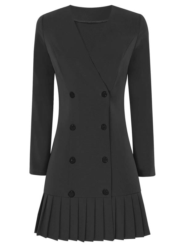 Women Long Sleeve V-neck Blazer Pleated Dress for Evening Wedding thumb