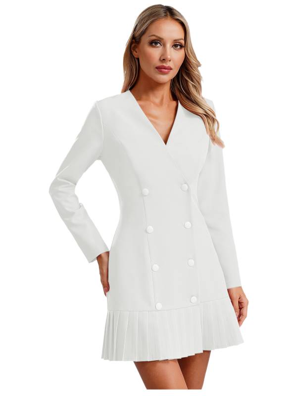 Women Long Sleeve V-neck Blazer Pleated Dress for Evening Wedding thumb