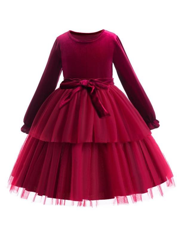 Toddler Girls Long Sleeve Mesh Ruffled Princess Dress with Bowknot Belt thumb