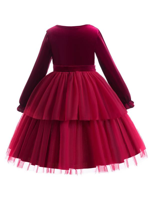Toddler Girls Long Sleeve Mesh Ruffled Princess Dress with Bowknot Belt thumb