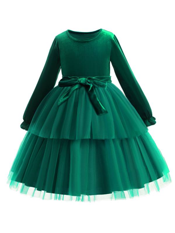 Toddler Girls Long Sleeve Mesh Ruffled Princess Dress with Bowknot Belt thumb