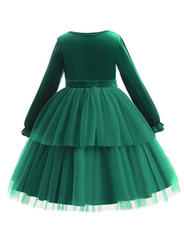 Toddler Girls Long Sleeve Mesh Ruffled Princess Dress with Bowknot Belt thumb