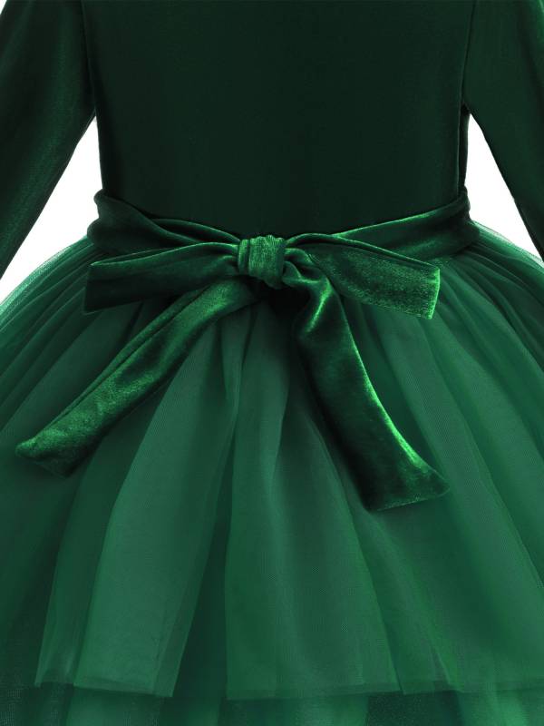 Toddler Girls Long Sleeve Mesh Ruffled Princess Dress with Bowknot Belt thumb