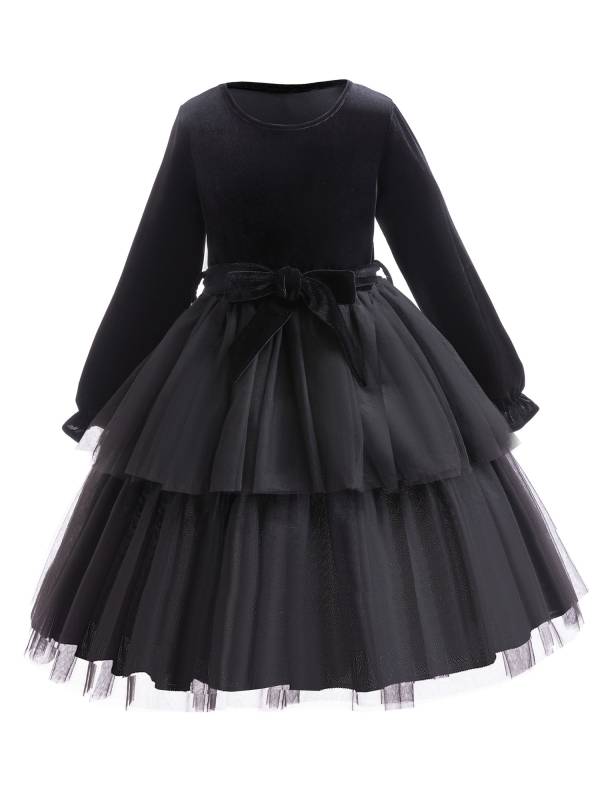 Toddler Girls Long Sleeve Mesh Ruffled Princess Dress with Bowknot Belt thumb