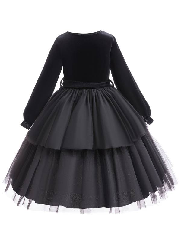 Toddler Girls Long Sleeve Mesh Ruffled Princess Dress with Bowknot Belt thumb
