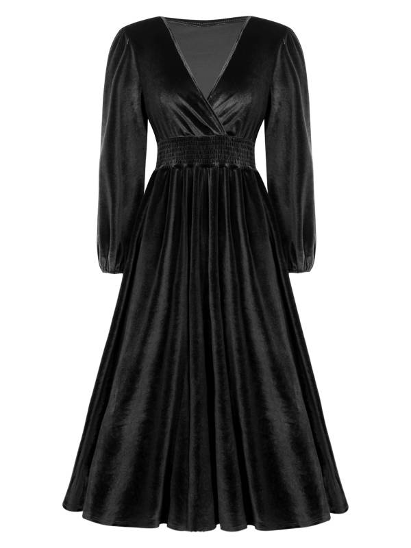 Women Long Sleeve V-neck Solid Color Velvet A-line Cocktail Dress thumb