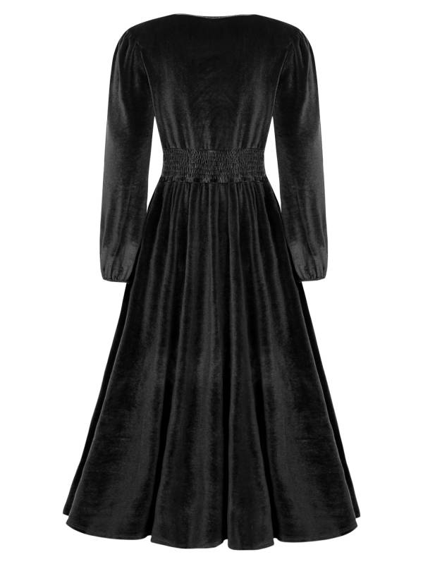 Women Long Sleeve V-neck Solid Color Velvet A-line Cocktail Dress thumb