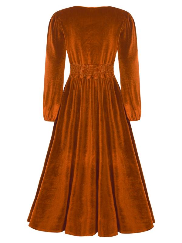 Women Long Sleeve V-neck Solid Color Velvet A-line Cocktail Dress thumb