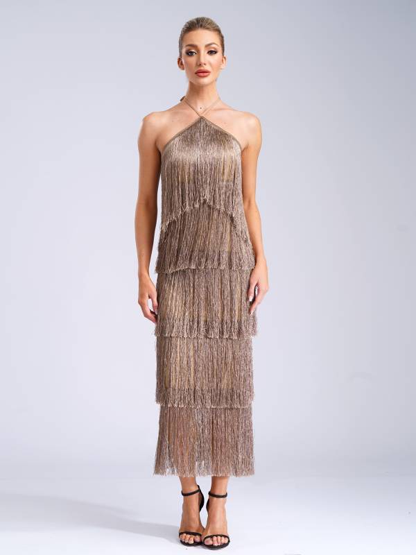 Women Halter Neck Strap Backless Tassels Midi Dress for Cocktail thumb