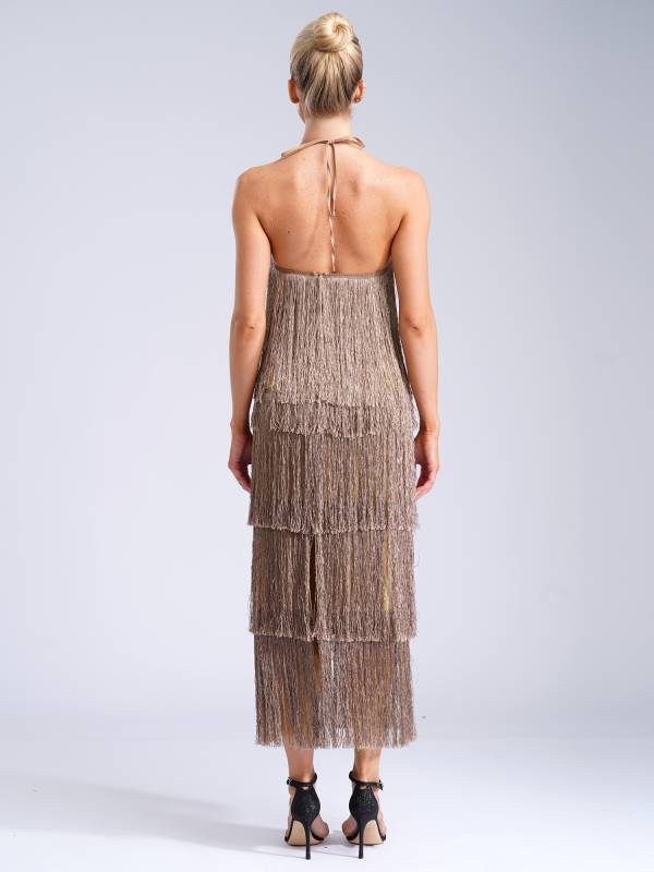 Women Halter Neck Strap Backless Tassels Midi Dress for Cocktail thumb