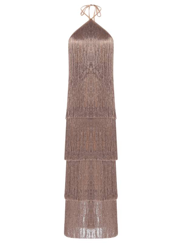 Women Halter Neck Strap Backless Tassels Midi Dress for Cocktail thumb
