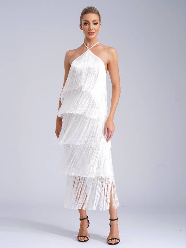 Women Halter Neck Strap Backless Tassels Midi Dress for Cocktail thumb