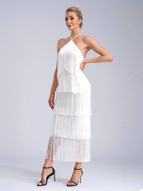Women Halter Neck Strap Backless Tassels Midi Dress for Cocktail thumb