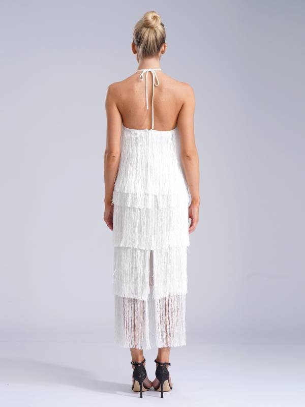 Women Halter Neck Strap Backless Tassels Midi Dress for Cocktail thumb