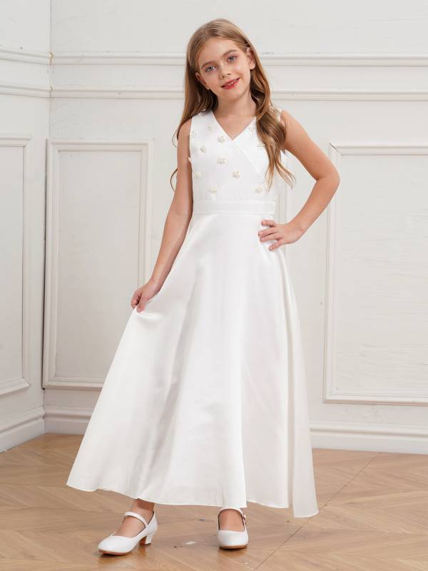 Girls V-neck Sleeveless Ankle Length Faux Pearls Flower Decorated Gown Dress thumb