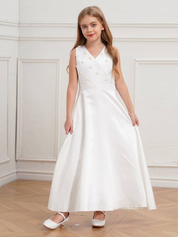 Girls V-neck Sleeveless Ankle Length Faux Pearls Flower Decorated Gown Dress thumb