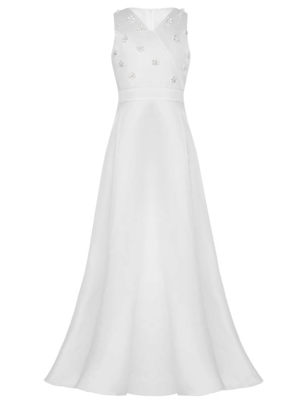 Girls V-neck Sleeveless Ankle Length Faux Pearls Flower Decorated Gown Dress thumb