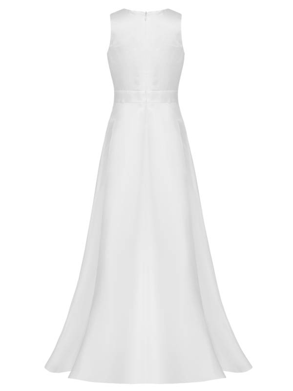 Girls V-neck Sleeveless Ankle Length Faux Pearls Flower Decorated Gown Dress thumb