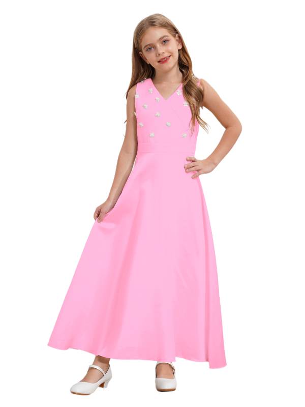 Girls V-neck Sleeveless Ankle Length Faux Pearls Flower Decorated Gown Dress thumb