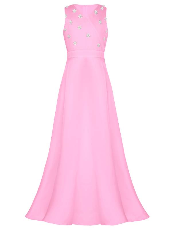 Girls V-neck Sleeveless Ankle Length Faux Pearls Flower Decorated Gown Dress thumb