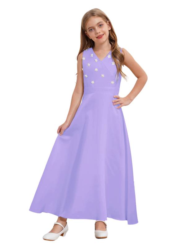 Girls V-neck Sleeveless Ankle Length Faux Pearls Flower Decorated Gown Dress thumb
